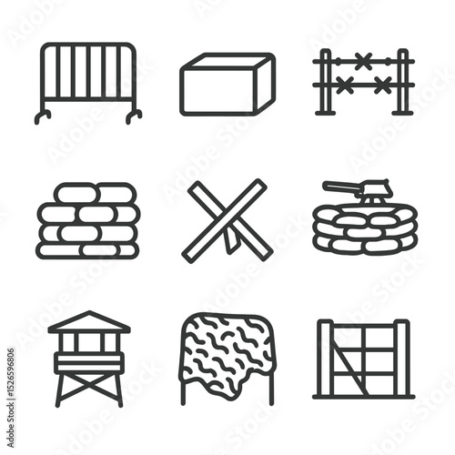 Barricade Icon Set. Outline icon set of street barricades and defense emplacements: metal fencing, concrete block, barbed wire