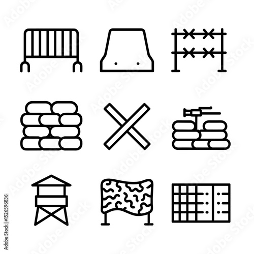 Barricade Icon Set. Outline icon set of street barricades and defense emplacements: metal fencing, concrete block, barbed wire
