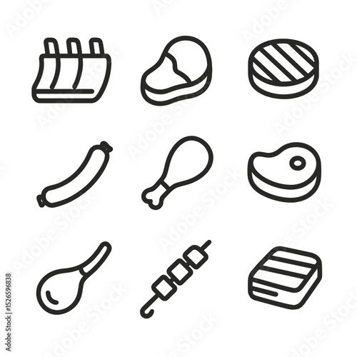 Barbecue Meat Icons. Outline icon set of barbecue meat selection: rib rack, steak, burger patty, sausage link, chicken drumstick,