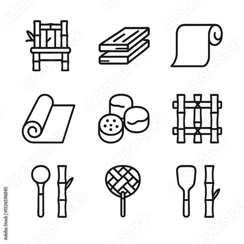 Bamboo Uses Icon Set. Outline icon set of bamboo forest uses: bamboo furniture, flooring plank, paper roll, textile bolt, charcoal