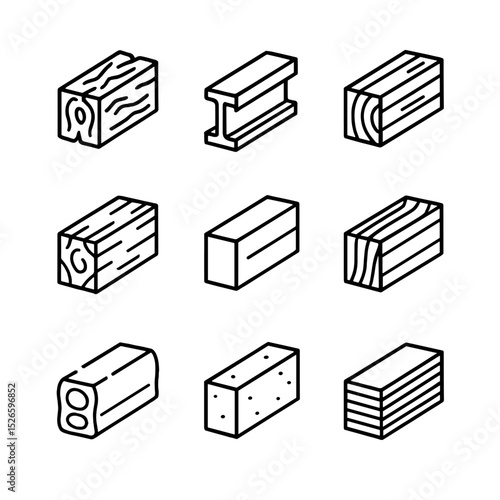 Beam Material Icons. Outline icon set of beam materials and finishes: reclaimed timber, steel I-beam, glulam beam, rough-sawn oak,