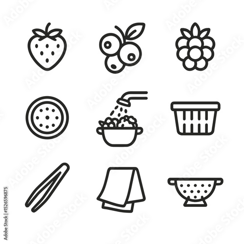 Berry Washing Icons. Outline icon set of washing berries in sink: strawberry, blueberry cluster, raspberry, sink strainer, gentle