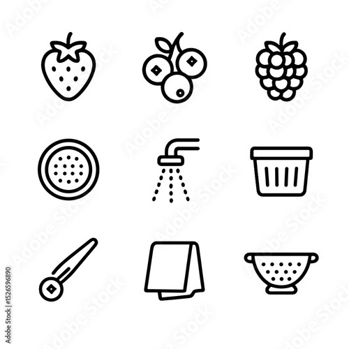Berry Washing Icons. Outline icon set of washing berries in sink: strawberry, blueberry cluster, raspberry, sink strainer, gentle
