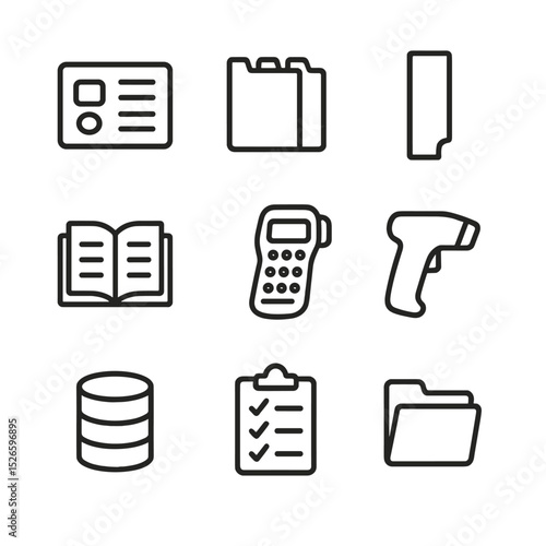 Bibliophile Icon Set. Outline icon set of bibliophile organization tools: catalog card, index dividers, shelf marker, inventory