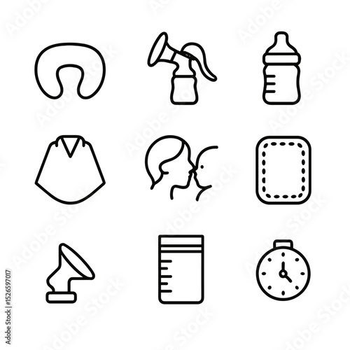 Breastfeeding Essentials Icons. Outline icon set of breastfeeding preparation: nursing pillow, breast pump, milk bottle, nursing