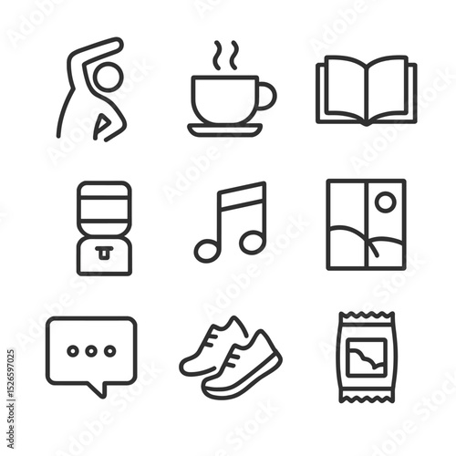 Break Activity Icons. Outline icon set of break activities: stretching, coffee cup, book, music note, window view, water cooler,