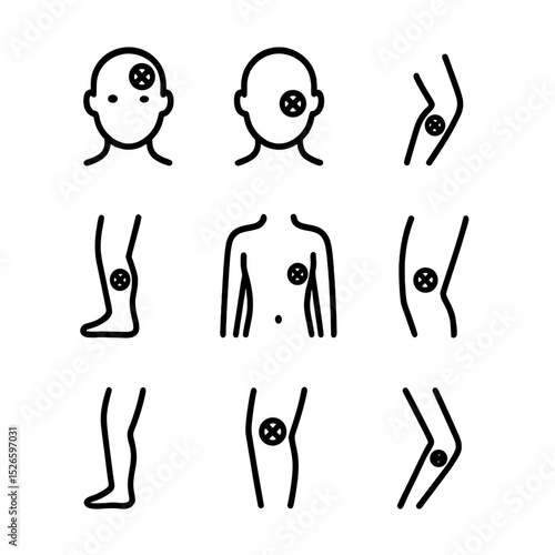 Bruise Location Icons. Outline icon set of bruise body locations: forehead bruise, cheek bruise, arm bruise, leg bruise, torso