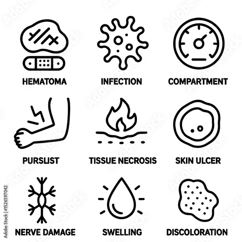 Bruise Complications Icons. Outline icon set of bruise complications: hematoma icon, infection germ, compartment syndrome gauge,