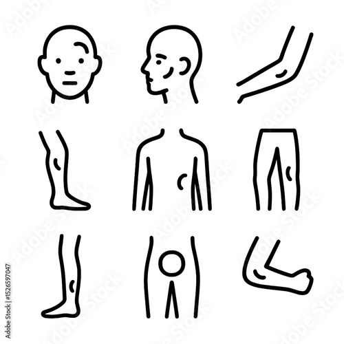 Bruise Location Icons. Outline icon set of bruise body locations: forehead bruise, cheek bruise, arm bruise, leg bruise, torso
