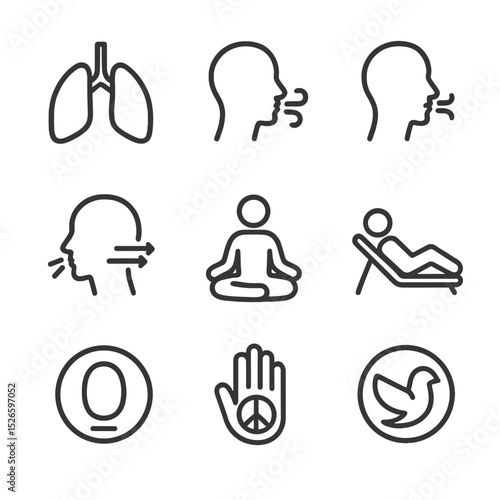 Breathing Meditation Icons. Outline icon set of breathing meditation: lungs, breath, inhale, exhale, calm, meditation, relaxation,