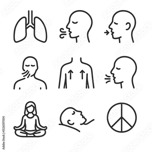 Breathing Meditation Icons. Outline icon set of breathing meditation: lungs, breath, inhale, exhale, calm, meditation, relaxation,