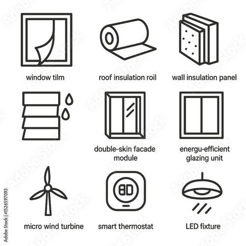 Building Retrofit Icons. Outline icon set of building retrofit techniques: window film sheet, roof insulation roll, wall