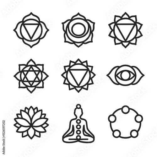 Chakra Icon Set. Outline icon set of chakra energy: root chakra, sacral chakra, solar plexus, heart chakra, throat chakra, third