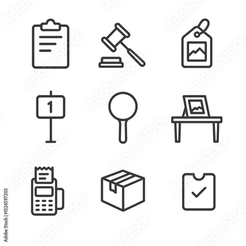 Charity Auction Icons. Outline icon set of charity auction setup: bid sheet clipboard, auctioneer gavel, display item tag, lot