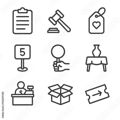 Charity Auction Icons. Outline icon set of charity auction setup: bid sheet clipboard, auctioneer gavel, display item tag, lot