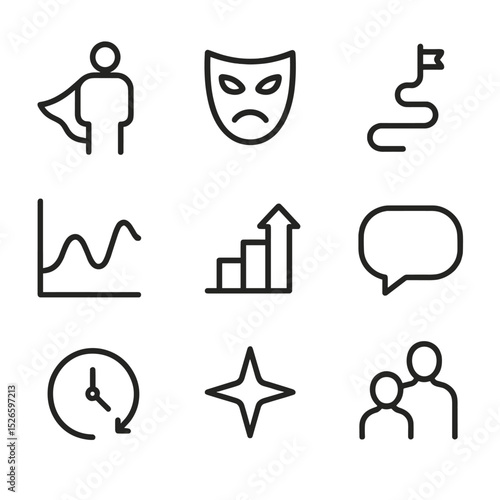 Character Arc Icons. Outline icon set of character arc mapping: hero silhouette, villain mask, journey path, mood graph, growth