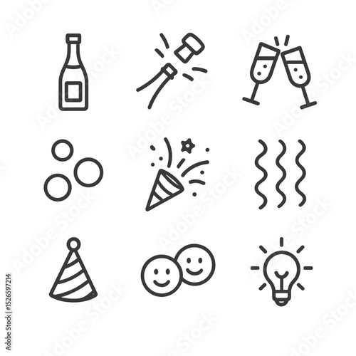 Champagne Celebration Icons. Outline icon set of champagne celebration: champagne bottle, popping cork, clinking flutes, bubbly