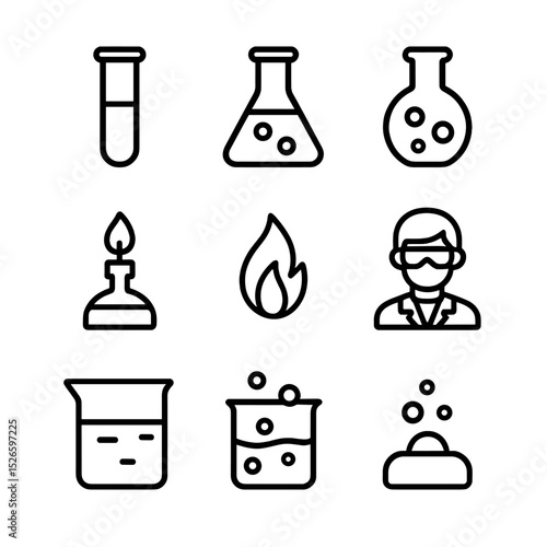 Chemical Reaction Icons. Outline icon set of chemical reaction: test tube, flask, chemical flask, Bunsen burner, burner flame,