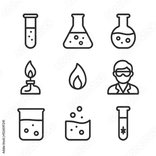 Chemical Reaction Icons. Outline icon set of chemical reaction: test tube, flask, chemical flask, Bunsen burner, burner flame,