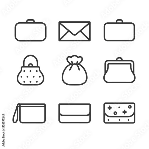 Chic Handbag Icon Set. Outline icon set of handbag & clutch designs: minaudière clutch, envelope clutch, box clutch, beaded purse,