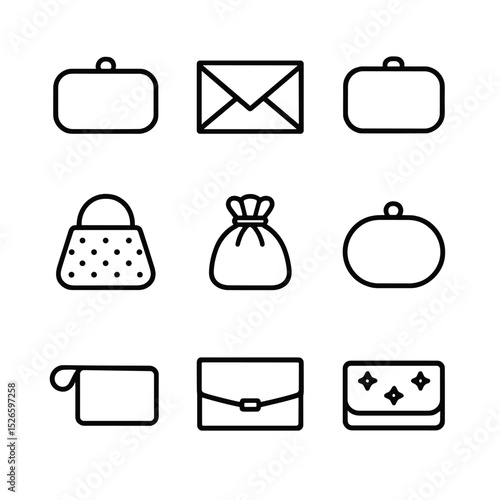 Chic Handbag Icon Set. Outline icon set of handbag & clutch designs: minaudière clutch, envelope clutch, box clutch, beaded purse,