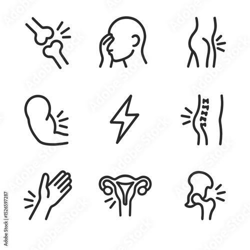Chronic Pain Icon Set. Outline icon set of chronic pain conditions: arthritis joint, migraine head, sciatica nerve, fibromyalgia