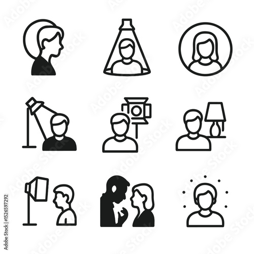 Cinematic Lighting Icons. Outline icon set of cinematic lighting moods: noir shadow, moody spotlight, soft diffused glow, harsh