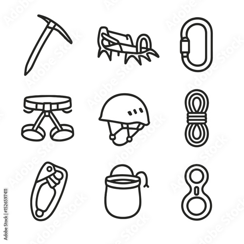 Climbing Gear Icons. Outline icon set of summit climbing gear: ice axe, crampons, carabiner, harness, helmet, rope coil, ascender,