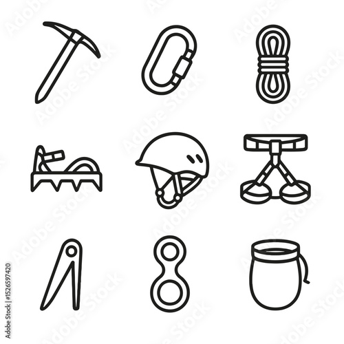 Climbing Gear Icons. Outline icon set of climbing gear: ice axe, carabiner, rope coil, crampon, helmet, harness, piton, belay