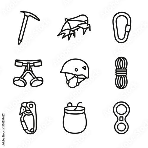Climbing Gear Icons. Outline icon set of summit climbing gear: ice axe, crampons, carabiner, harness, helmet, rope coil, ascender,