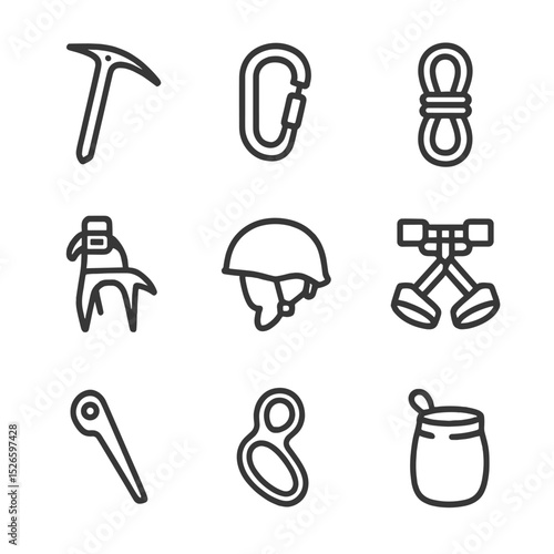 Climbing Gear Icons. Outline icon set of climbing gear: ice axe, carabiner, rope coil, crampon, helmet, harness, piton, belay