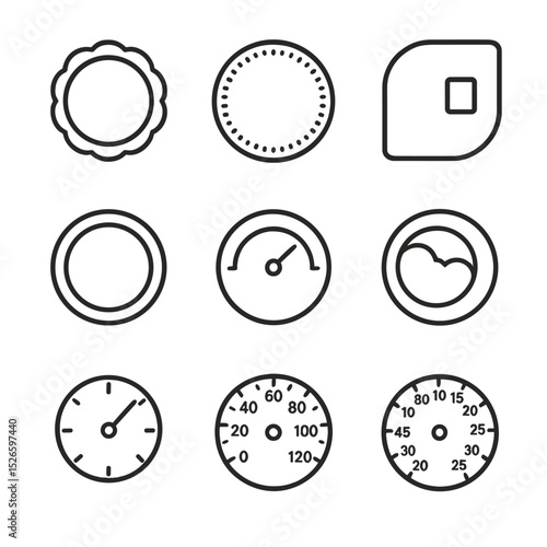 Clock Face Icons. Outline icon set of clock face embellishments: decorative bezel, minute track, chapter ring, date window, power