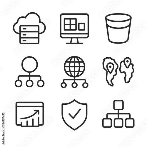 Cloud Computing Icons. Outline icon set of cloud computing adoption: cloud server, virtualization host, storage bucket, load