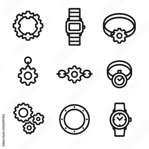 Clockwork Bracelet Icons. Outline icon set of clockwork bracelets: gear link bracelet, watchband strap, hinge clasp, sprocket