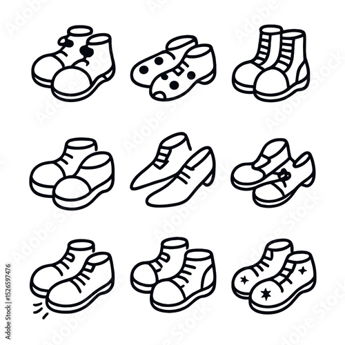 Clown Shoe Icons. Outline icon set of clown shoes: oversized lace-up, polka slip-ons, striped boots, platform shoes, pointed toes,
