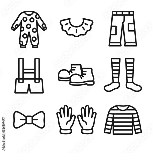 Clown Costume Icons. Outline icon set of clown costumes: polka-dot jumpsuit, ruffled collar, patchwork pants, suspenders, floppy