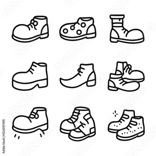 Clown Shoe Icons. Outline icon set of clown shoes: oversized lace-up, polka slip-ons, striped boots, platform shoes, pointed toes,