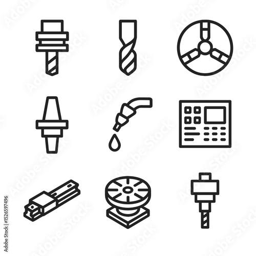 CNC Machining Icon Set. Outline icon set of CNC machining operations: milling cutter, drill bit, lathe chuck, tool holder, coolant