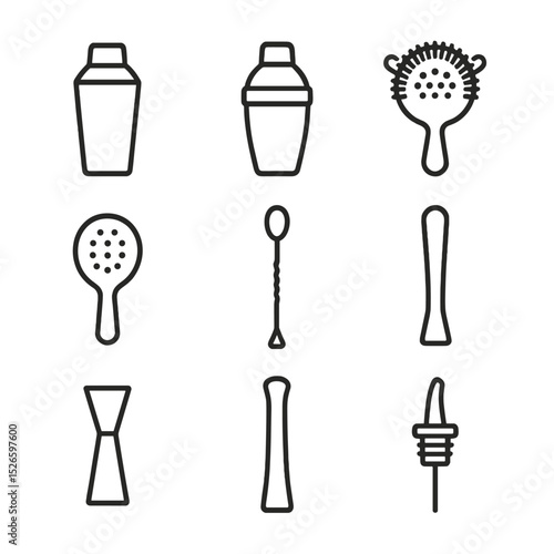 Cocktail Tool Icons. Outline icon set of cocktail shakers and tools: Boston shaker, cobbler shaker, Hawthorne strainer, julep