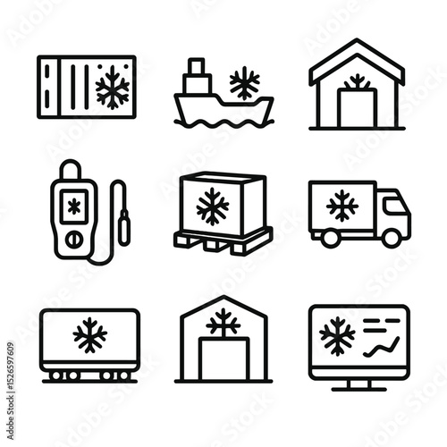 Cold Chain Icons. Outline icon set of cold chain logistics: refrigerated container, reefer ship, cold storage warehouse,