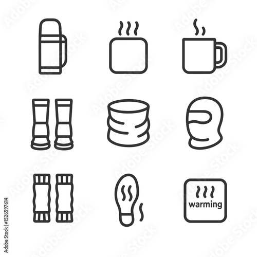 Cold Weather Gear Icons. Outline icon set of cold weather gear: thermos flask, hand warmer, insulated mug, gaiters, neck warmer,