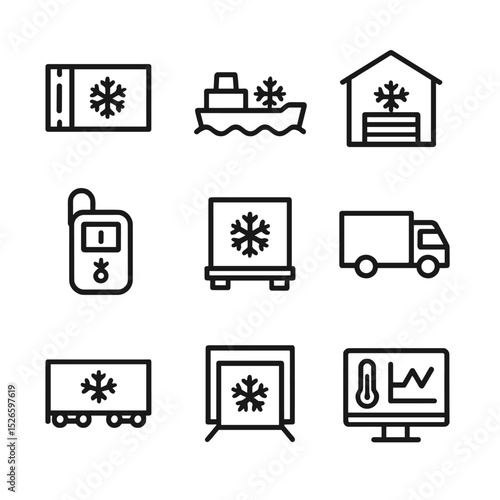 Cold Chain Icons. Outline icon set of cold chain logistics: refrigerated container, reefer ship, cold storage warehouse,
