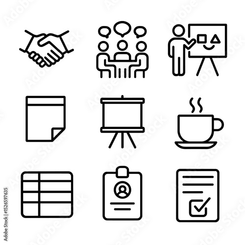 Collaboration Icons Set. Outline icon set of maker collaboration events: handshake, group discussion, whiteboard sketch, sticky
