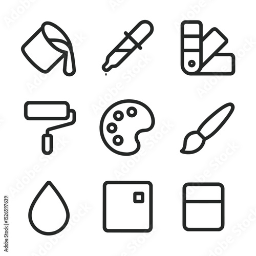 Color Tool Icons. Outline icon set of color swatch tools: paint bucket, eyedropper, color picker, swatch book, paint roller,