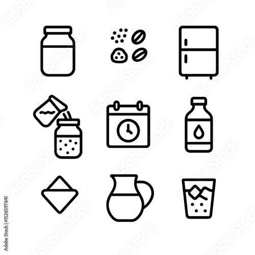 Cold Brew Icon Set. Outline icon set of cold brew process: steep jar, coarse grounds, cold water fill, fridge icon, steep duration