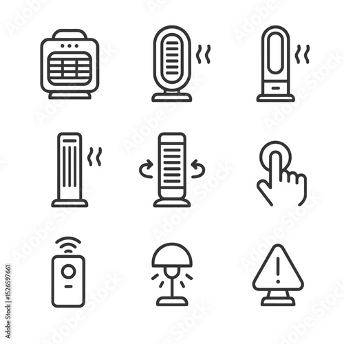 Comfort Fans Icon Set. Outline icon set of personal comfort fans: tabletop heater fan, floor heater fan, bladeless heater, tower