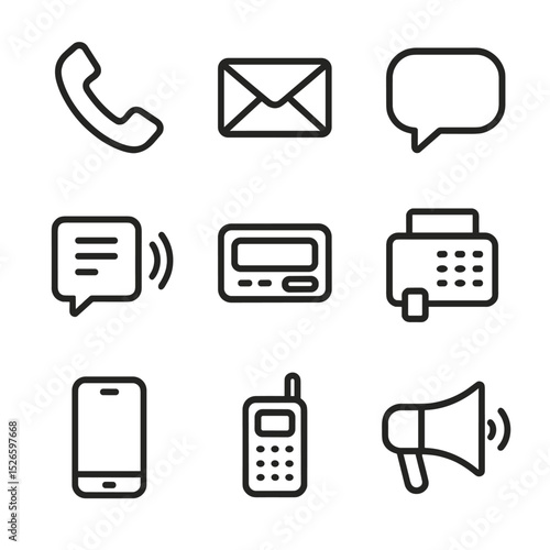 Communication Icons Grid. Outline icon set of communication methods: telephone handset, email icon, chat bubble, intercom speaker,