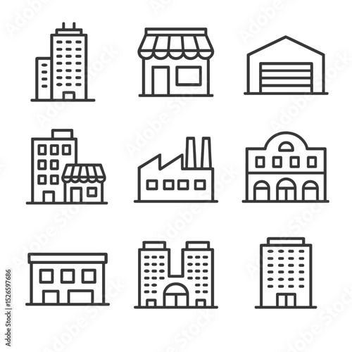 Commercial Real Estate Icons. Outline icon set of commercial real estate: office tower, retail storefront, warehouse, mixed-use