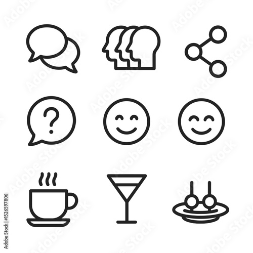 Conversation Icon Set. Outline icon set of conversational clusters: speech bubble group, multiple head silhouettes, linking lines,