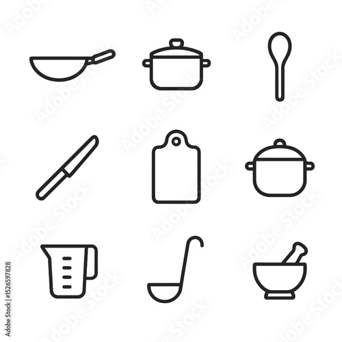 Cooking Utensil Icons. Outline icon set of cooking utensils: wok pan, saucepan, wooden spoon, chef’s knife, cutting board, rice